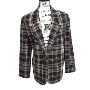 Vintage 1980s Wool Blend Blazer Jacket Tartan Plaid Green Purple Oversized Sz 16
